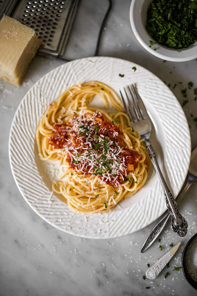 Plate of spaghetti with sauce